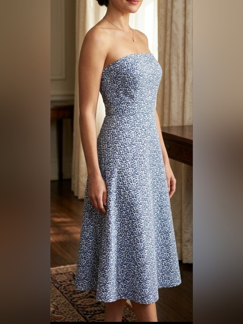 New York & Company Blue Floral Strapless A-Line Dress Size 10